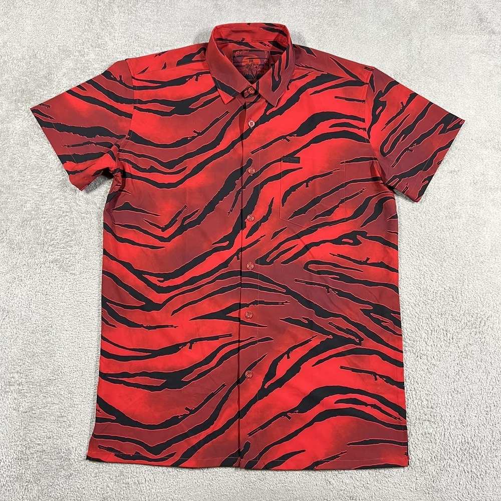 Retro Rifle Shirt Mens Medium Tiger Strips Red Black Button Up Short Sleeve